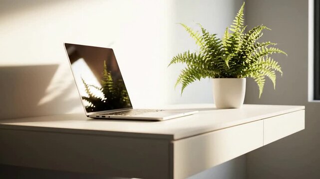 Modern home office setup with laptop and plant on floating desk