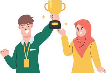 Team Winning Trophy Celebrating Business Success Illustration