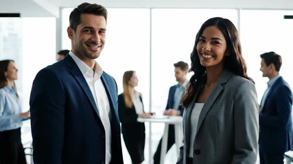 Professionals shaking hands in office, others in background, business agreement