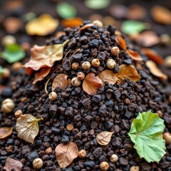 Fototapeta premium Decomposing Organic Compost with Leaves and Soil for Natural Recycling and Sustainable Gardening in a Rich Textured Cross Section Macro View