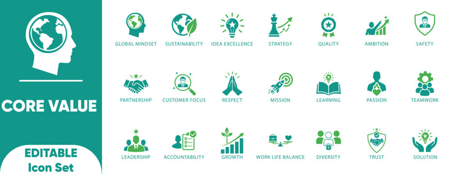 Core Values Business Ethics Icon Set. Corporate Mission and Vision Vector Symbols.