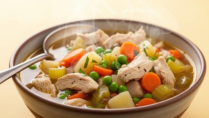 A bowl of steaming chicken soup with carrots peas potatoes and celery on a light yellow background A spoon is resting in the bowl