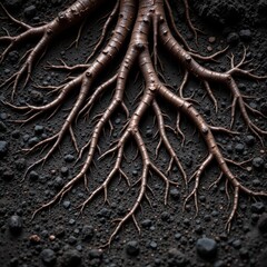 Fototapeta premium Detailed Root System Spreading Through Dark Soil, Macro View of Nature's Network Beneath the Surface, symbolizing growth, resilience, and interconnectedness.