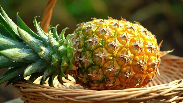 Fresh pineapple in a wicker basket with green leaves