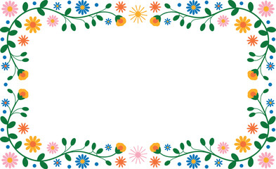 Obraz premium Colorful floral border with green vines and various flowers