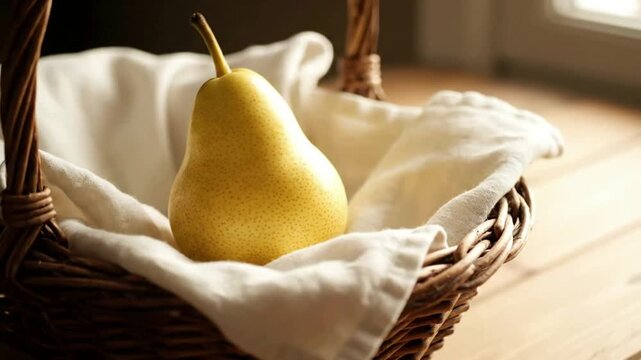 Fresh yellow pear in wicker basket on wooden table indoors
