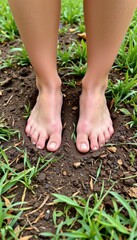 Bare feet on fertile soil surrounded by green grass, symbolizing earthing, grounding, and a healthy lifestyle, capturing the essence of connecting with nature.