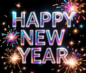 “HAPPY NEW YEAR” glass typography with sparkling reflections, colorful firework sparks around, black backdrop