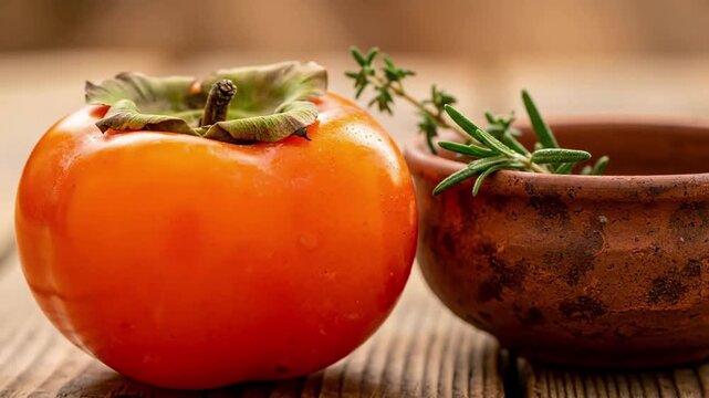 Vibrant persimmon and rosemary in rustic clay bowl on wooden table