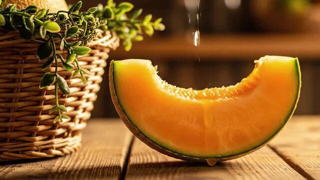 Fresh cantaloupe slice on rustic table with wicker basket