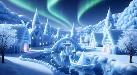 Snowy fantasy village with ice buildings and aurora borealis in night sky with green northern lights