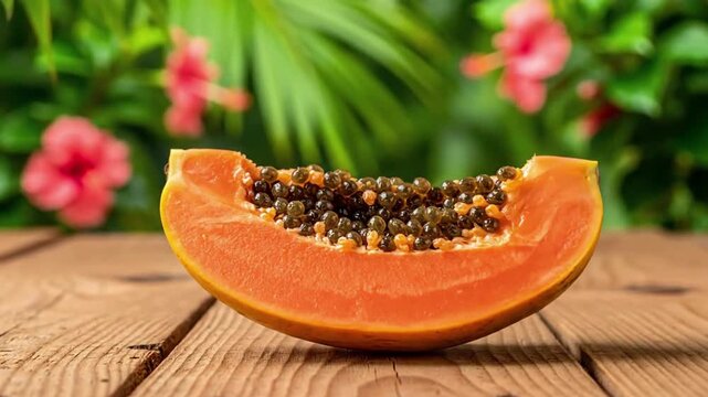 Vibrant papaya slice on rustic wood with tropical flowers
