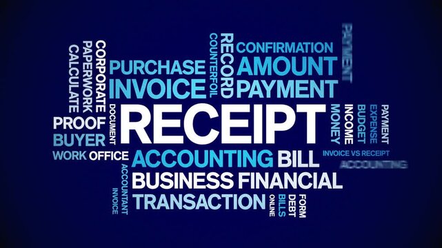 Receipt animated word cloud-text design animation tag kinetic typography seamless loop.