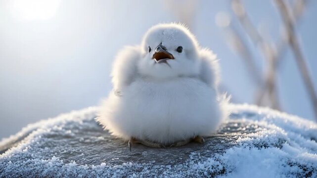 Fluffy White Baby Bird in Snow Adorable Winter Chick Cute Wildlife.