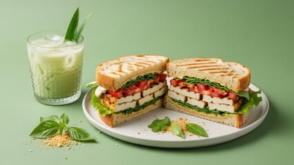 A sandwich cut in half with a drink in a glass on a pale green surface