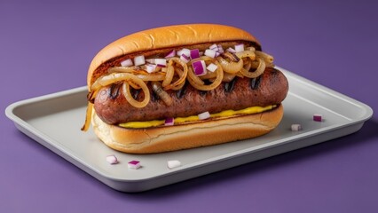 A sausage on a bun with grilled onions and diced red onions is on a rectangular gray plate set against a purple background