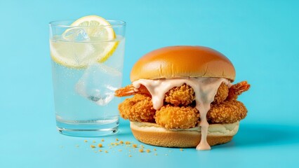 A shrimp burger with dripping sauce stands beside a glass of sparkling water with lemon on a light blue surface