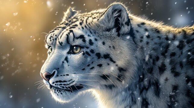 Snow leopard portrait in winter snowfall digital illustration wildlife