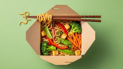 A takeout container filled with stirfried noodles tofu broccoli carrots snap peas red pepper and scallions Chopsticks lay on top