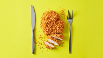 A topdown view presents fried chicken knife and fork on a vibrant yellow surface Crumbs are scattered around the chicken