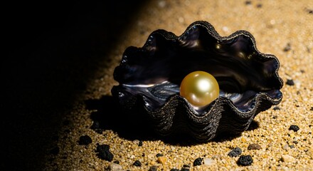 A luminous golden pearl rests within a deep iridescent black oyster shell, dramatically lit against