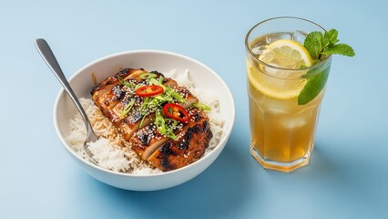 A teriyaki chicken bowl with a spoon set beside an iced tea with mint and lemon displayed on a blue surface