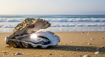 A radiant pearl gleams within a weathered oyster shell resting on a sandy beach beside gentle ocean