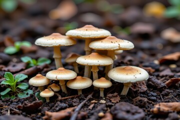 Cluster of Mycena Mushrooms Growing in Damp Soil with Mulch Background, Forest Floor Macro Nature Photography