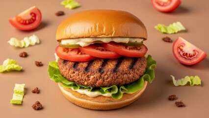 A veggie burger with tomato lettuce and pickles is set on a brown backdrop scattered with lettuce and tomato wedges