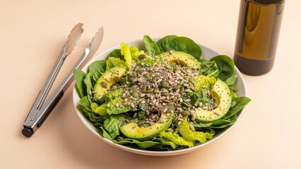 A vibrant salad featuring avocado slices and various seeds in a white bowl placed next to tongs and a bottle on a peachcolored surface