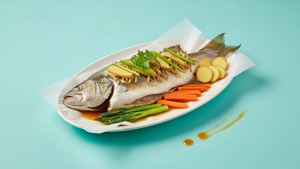 A whole steamed fish presented on a white platter with carrots asparagus scallions and ginger atop a blue background