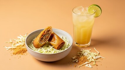 Appetizing egg rolls in a bowl with shredded cabbage next to a yellow drink with ice and a lime slice on a tan background
