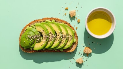 Avocado toast on a light green surface with oil bread crumbs and chia seeds