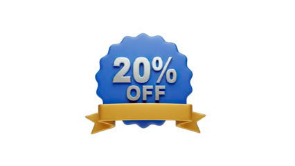 3D 20% Off Sale Badge with Golden Ribbon on transparent background