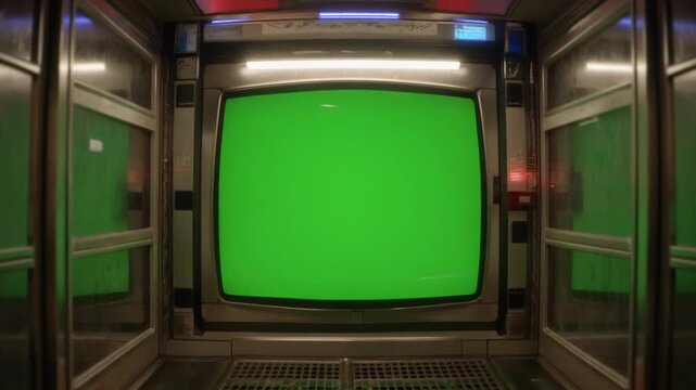 Retro television screen with green chroma key in elevator interior.