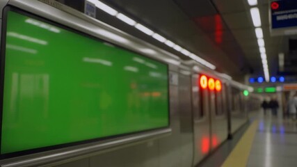 Subway train with green screen advertisement at a modern station platform. - Powered by Adobe