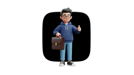 3D cartoon man with briefcase gives thumbs up on transparent background
