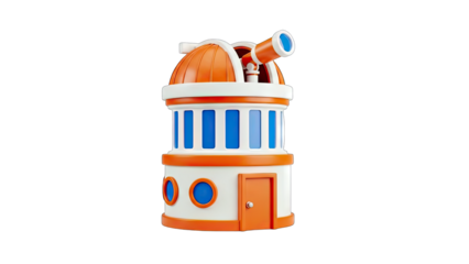 3D Cartoon observatory with telescope on transparent background