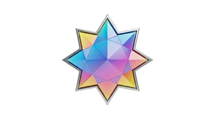3D Abstract geometric star ornament with gradient colors and silver border on transparent background