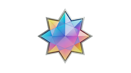 3D Abstract geometric star ornament with gradient colors and silver border on transparent background