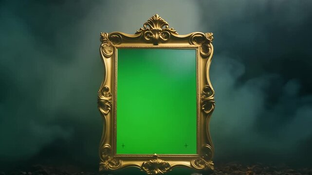 Ornate gold picture frame with green screen on dark background.
