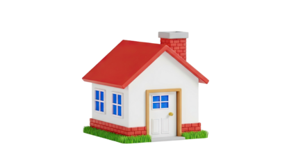 3D Cartoon house with red roof and brick accents on transparent background