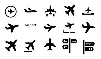 Minimal airplane symbol icon set with clear aircraft silhouettes for travel signage and infographics