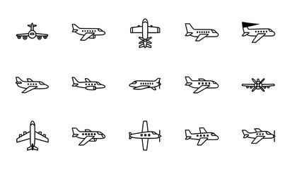 Fototapeta premium Airplane flat icon set with modern aircraft symbols for aviation travel apps and web interfaces