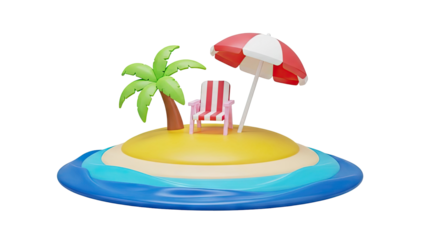 3D Cartoon island with palm tree chair and umbrella on transparent background