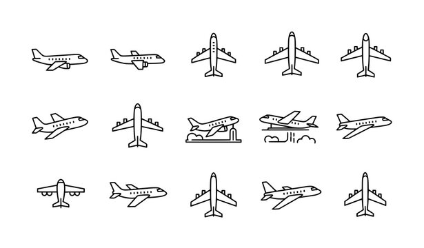 Airplane line icon set with editable stroke aircraft symbols for aviation and travel design