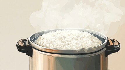 Steaming pot of cooked rice culinary illustration with copy space cooking concept