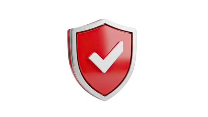 3D Red shield with white checkmark icon on transparent background