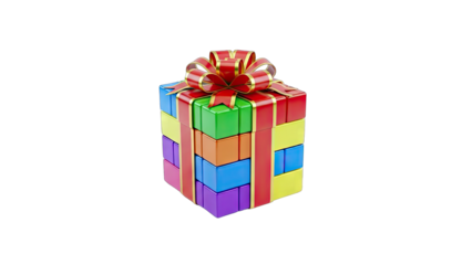 3D Colorful Gift Box with Red Bow on transparent background