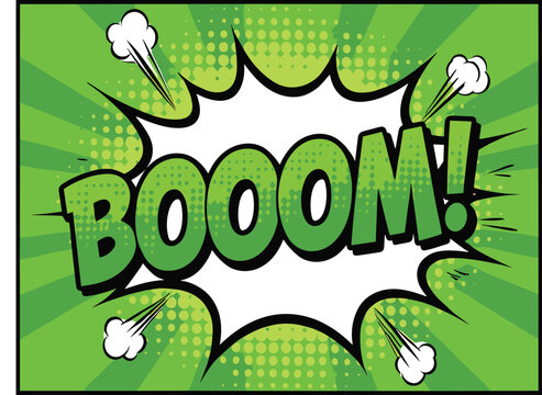 Green comic book booom speech bubble with halftone sunburst background and dynamic explosion elements for pop art designs.